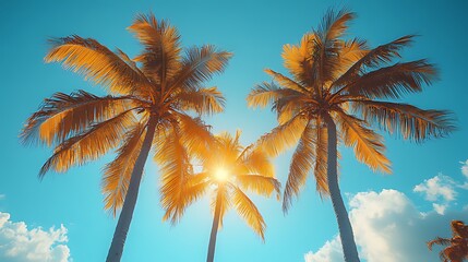 Three palm trees against a bright blue sky with sun shining through the leaves.