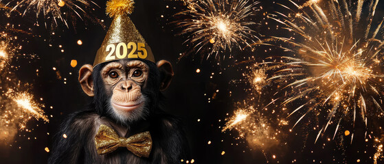 Happy new Year, Sylvester New Year's eve party, funny animals banner greeting card - Cute monkey chimpanzee with party hat and fireworks in the background at night