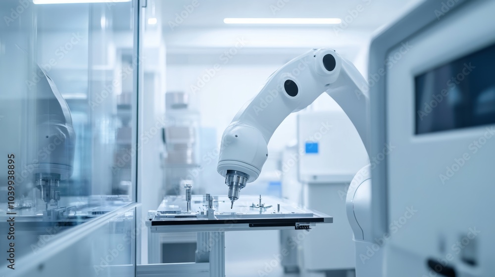 Poster A high-tech robotic assistant conducting automated quality control of high-precision medical devices in a clean, advanced medical equipment facility