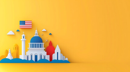 American flag with historical monuments in the background