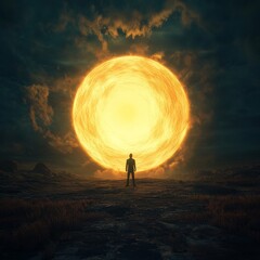 Fototapeta premium Man Standing Before Glowing Giant Sphere in Distance