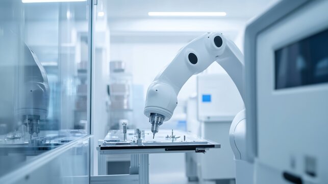 A high-tech robotic assistant conducting automated quality control of high-precision medical devices in a clean, advanced medical equipment facility