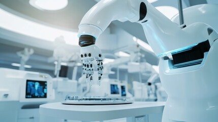 A high-tech robotic assistant conducting automated quality control of high-precision medical devices in a clean, advanced medical equipment facility