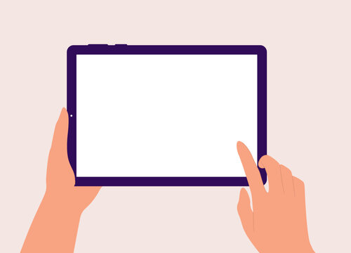 A Person&rsquo;s Hand Using A Digital Tablet With Blank Screen.