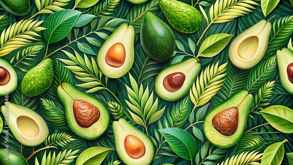 Poster elegant avocado pattern with leaves and gridlines for modern design backgrounds