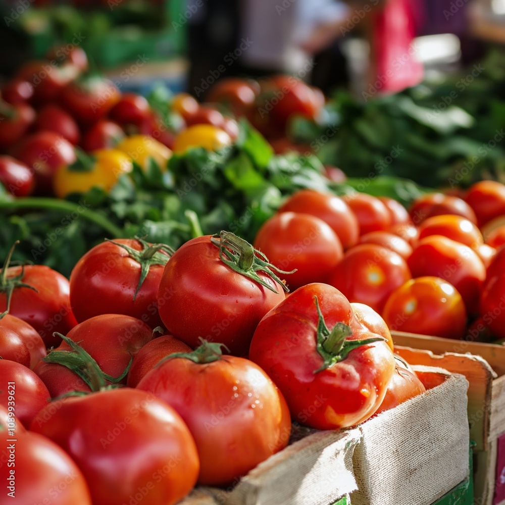 Wall mural Pile of ripe, juicy tomatoes displayed at a market stall, showcasing the vibrant colors and freshness of produce.