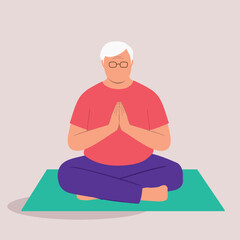 One Elderly Man Sitting On A Mat With His Legs Crossed While Practicing Yoga In A Prayer Pose.