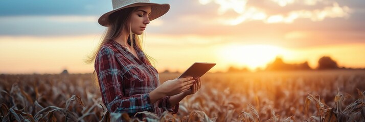 A woman wearing a plaid shirt and straw hat holds a tablet while standing in a field during sunset, exploring technology.