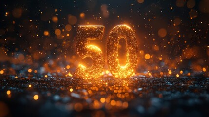 golden 50 symbol prominently displayed in a 3d illustration reflecting light and emphasizing celebration and achievement set against a dynamic festive background