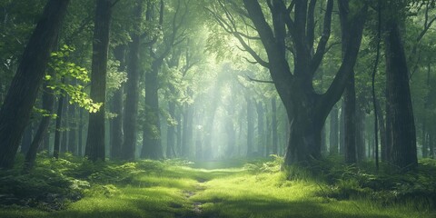 Obraz premium A tranquil forest scene with a sunlit pathway and towering trees casting beautiful light patterns.