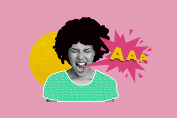 Composite trend artwork 3D sketch image photo collage of young woman comics speech cloud scream shout stress bad moon loud voice student