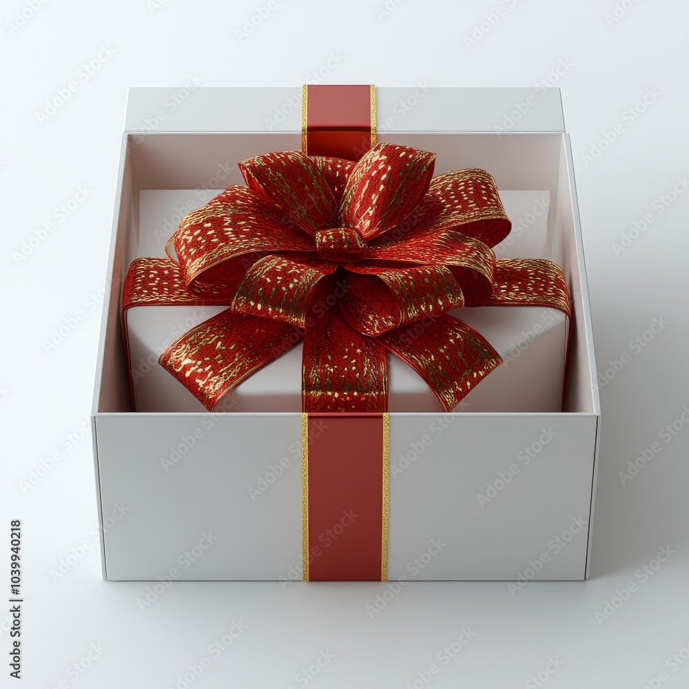 Poster three-dimensional rendering of a blank gift box with a red ribbon and bow open isolated on a white b