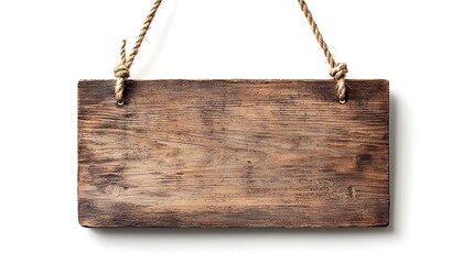 Blank Wooden Sign Hanging By Rope On White Background For Minimal Rustic Decor