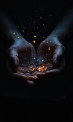 Obraz premium Hands cupped, holding sparkling night sky.