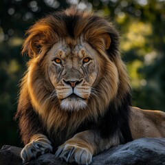 Fototapeta premium A lion exudes power and majesty with its bold stare and impressive mane, evoking strength and royalty.