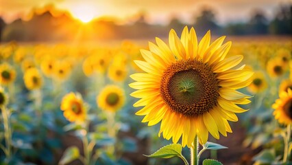 Fototapeta premium Close-up sunflower bloom with blurred sunflower farm in background