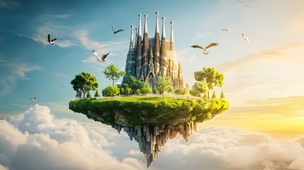 3d illustration of fantasy floating Barcelon surface with  LaSagradaFamilia, illustration of flying land with beautiful land scape. World landmark and historical place, tour guide for traveling agency