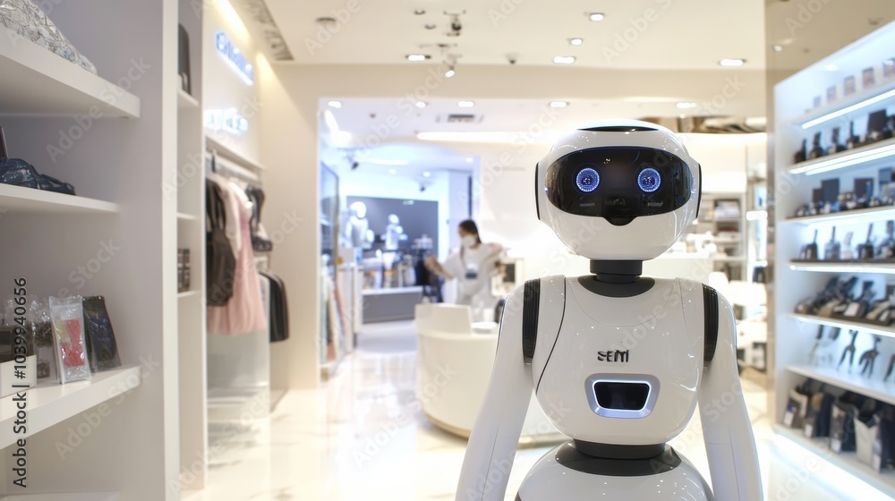 Poster a high-tech robotic assistant providing customer service in a sleek retail store, clean and contempo