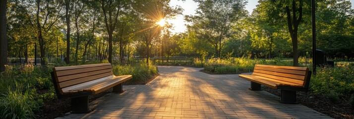 Smart city park with innovative benches offering charging stations and Wi-Fi, blending technology with nature for modern relaxation.