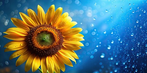 Close-up sunflower with water drops on brilliant blue backgrounds