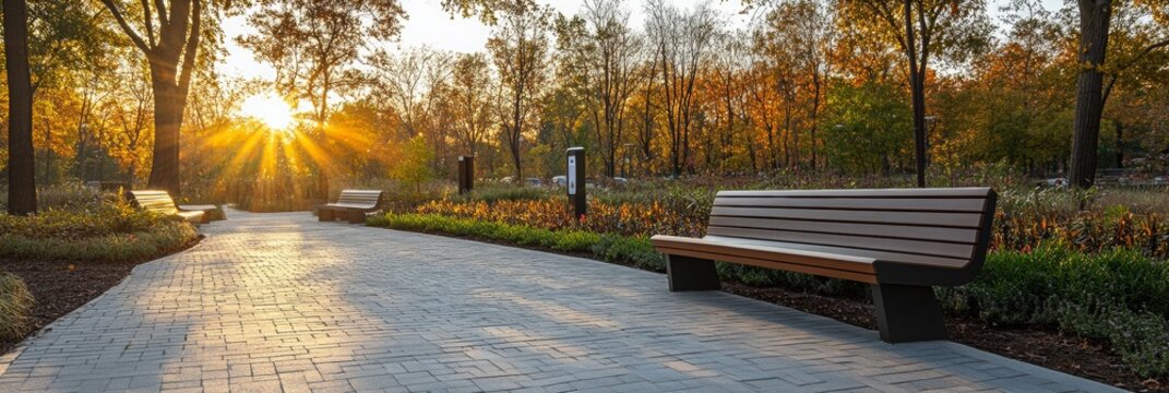 Smart park with innovative benches offering charging stations, Wi-Fi access, urban greenery, community gathering spaces, modern design