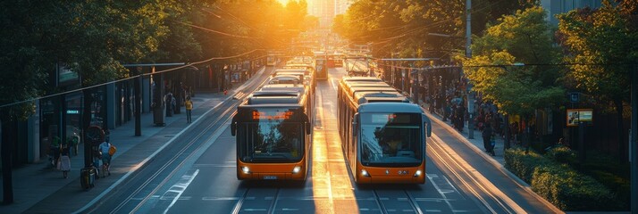 Sustainable City Transit, vibrant urban landscape featuring electric buses and trams powered by renewable solar energy for eco-friendly transport
