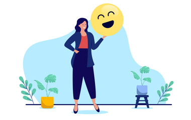Positive feedback at work - Woman or businesswoman standing holding smiley face emoji in hand with happy attitude feeling motivation and encouragement at work. Flat design vector illustration