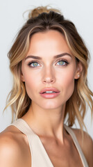 Obraz premium Stunning Beauty Model Portrait Showcasing Flawless Skin and Natural Makeup on White Background