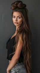 Naklejka premium A serious and elegant woman with wavy brown hair and blue eyes, dressed in black and blue, exudes mystery against a dark backdrop.