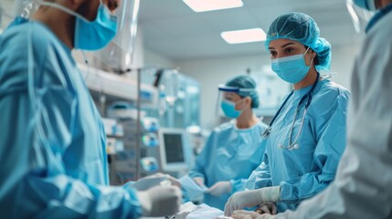 A diverse surgical team in a hospital operating room is focused on a patient on the operating table. The image conveys the intensity and urgency of the surgical procedure.