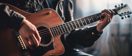 Obraz premium Man in black shirt plays acoustic guitar, hands on fretboard and using pick. Image focuses on man and guitar with blurred background and soft light creating a relaxed atmosphere.