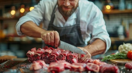A middle-aged Caucasian male chef joyfully slices raw meat on a cutting board with precision. The scene showcases his professionalism and meticulous culinary preparation.