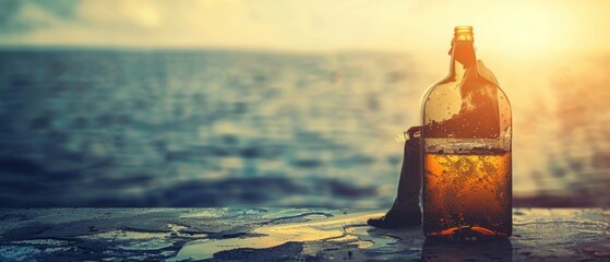 A serene scene by the water's edge: a bottle, towel, and driftwood, under a sunset sky. Nature's beauty and human absence blend in a tranquil tableau.
