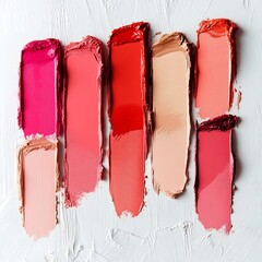 Creative arrangement of lipstick swatches a white background with bold strokes of different shades in a modern layout showcasing a beauty product range in an elegant and artistic style