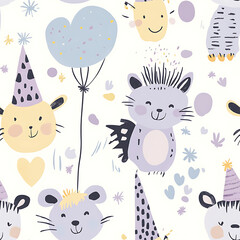 Seamless Repeating Pattern of Various Animals and Balloons on a White Background, Whimsical Naive Art Illustration for Fun and Colorful Fabric Designs