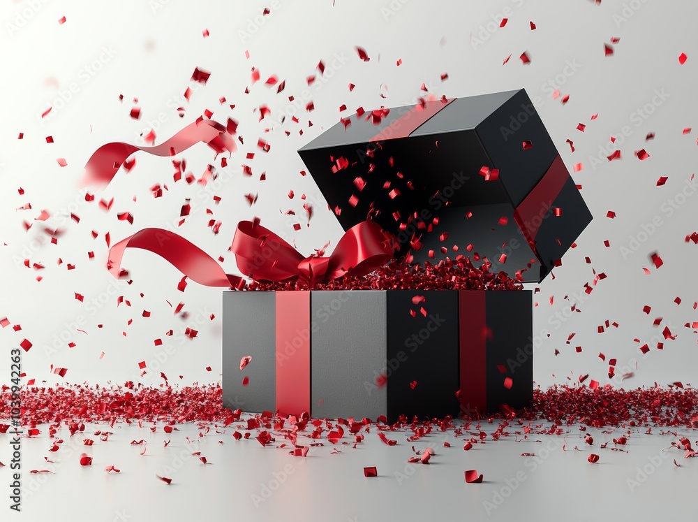 Poster gift box with red ribbon bow and blank tag open isolated on white background with shadow 3d renderin