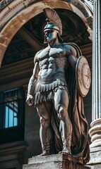 Obraz premium Muscular Roman statue with shield and helmet.