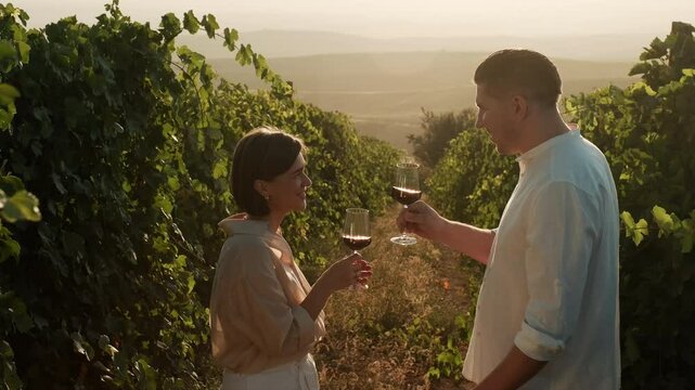 Couple in love dating outdoors in nature cheering drinking wine embracing admiring grapes harvest in vineyards at sunset. Travel, anniversary celebration, wine production