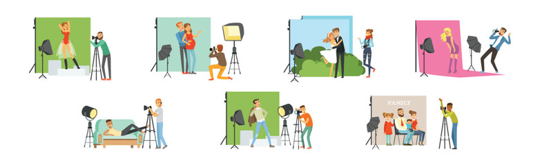 People Character at Photo Studio with Photographer Taking Picture Vector Set
