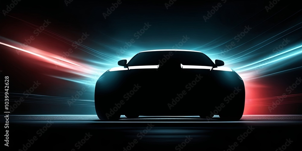 Poster a car is shown in a dark background with a red and blue line