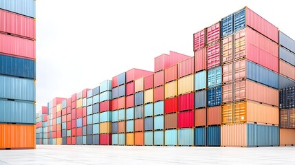 Fototapeta premium Stacked Shipping Containers in Logistics Yard on White Background