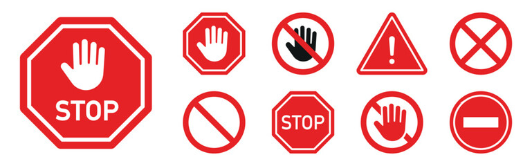 Red STOP sign icon set. Sign with hand and stop sign. Warning sign, attention, prohibition, danger, alert, road sign - stock vector.