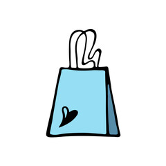 Green paper gift bag. Bags for fashion ads, seasonal sales, and store promotions. Sketch illustration. Minimalist design for marketing materials and digital use. Vector image on a white background.