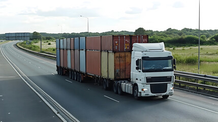 Naklejka premium Truck loaded with shipping containers driving on a highway through a logistics landscape