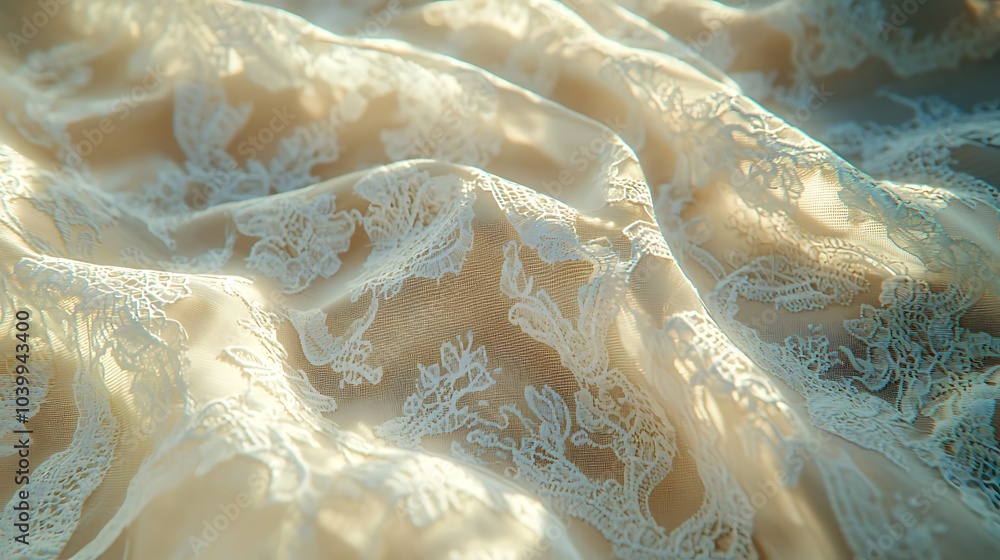 Poster a close-up view of delicate lace fabric displaying soft textures and intricate patterns in a serene,