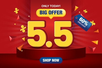 5.5 Shopping Day Banner Template design special offer discount, Special Sale banner template. 5 May 3D Flash sale banner template design for web or social media. Eps10 vector illustration.