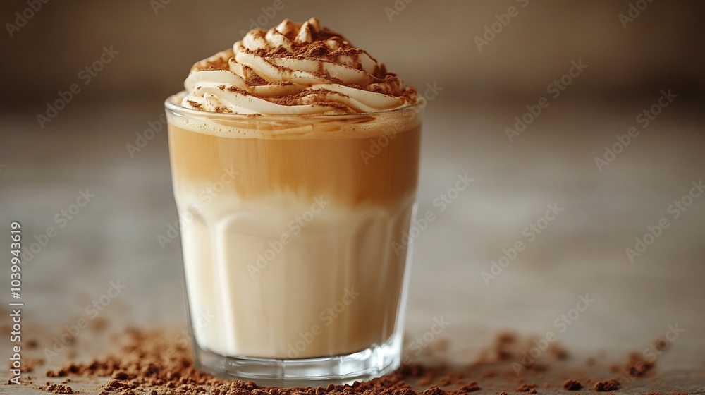 Aufkleber dalgona coffee its signature frothy layer in a glass cup set against a neutral grey background a mod