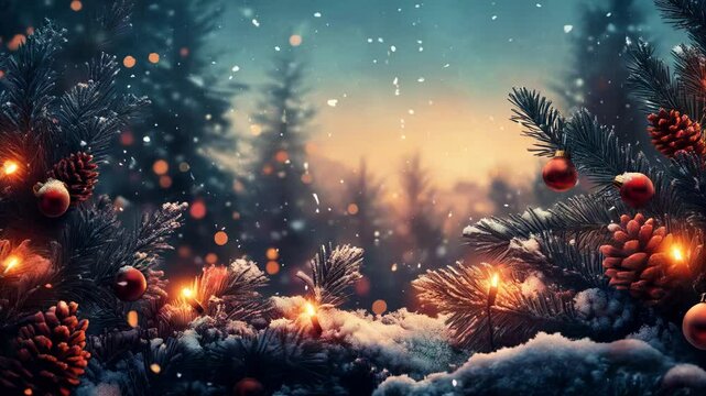 Christmas background with a decorated Christmas tree and falling snow. Copy Space, Free Space for Text.