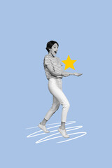 Composite trend artwork 3D sketch image photo collage of young lady office manager business hand hold carry smart idea innovation star