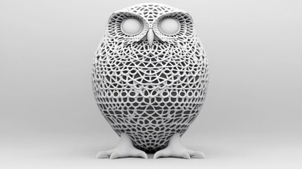 A white, wireframe owl sculpture on a white background.